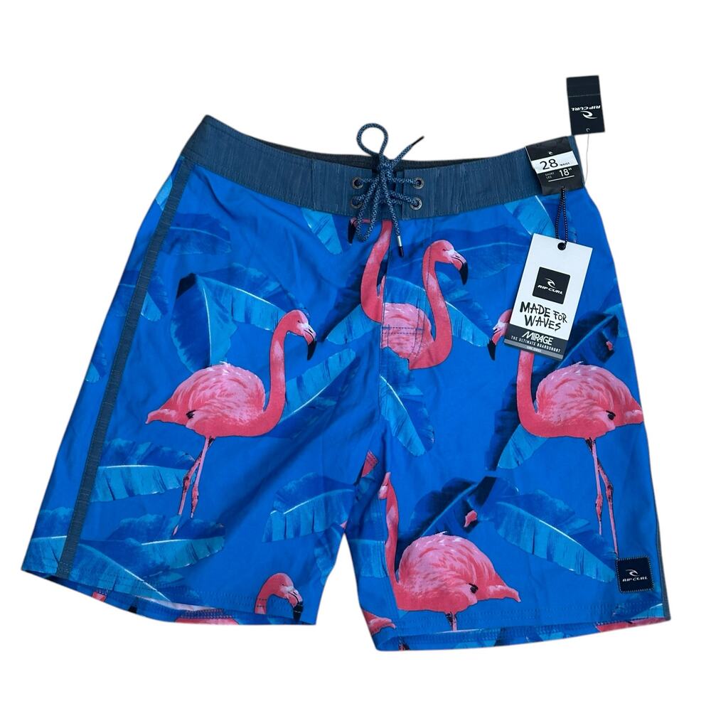 RipCurl Mirage Men’s Blue Flamingo Print Pink Swim Trunks Volley Shorts 28 NWT